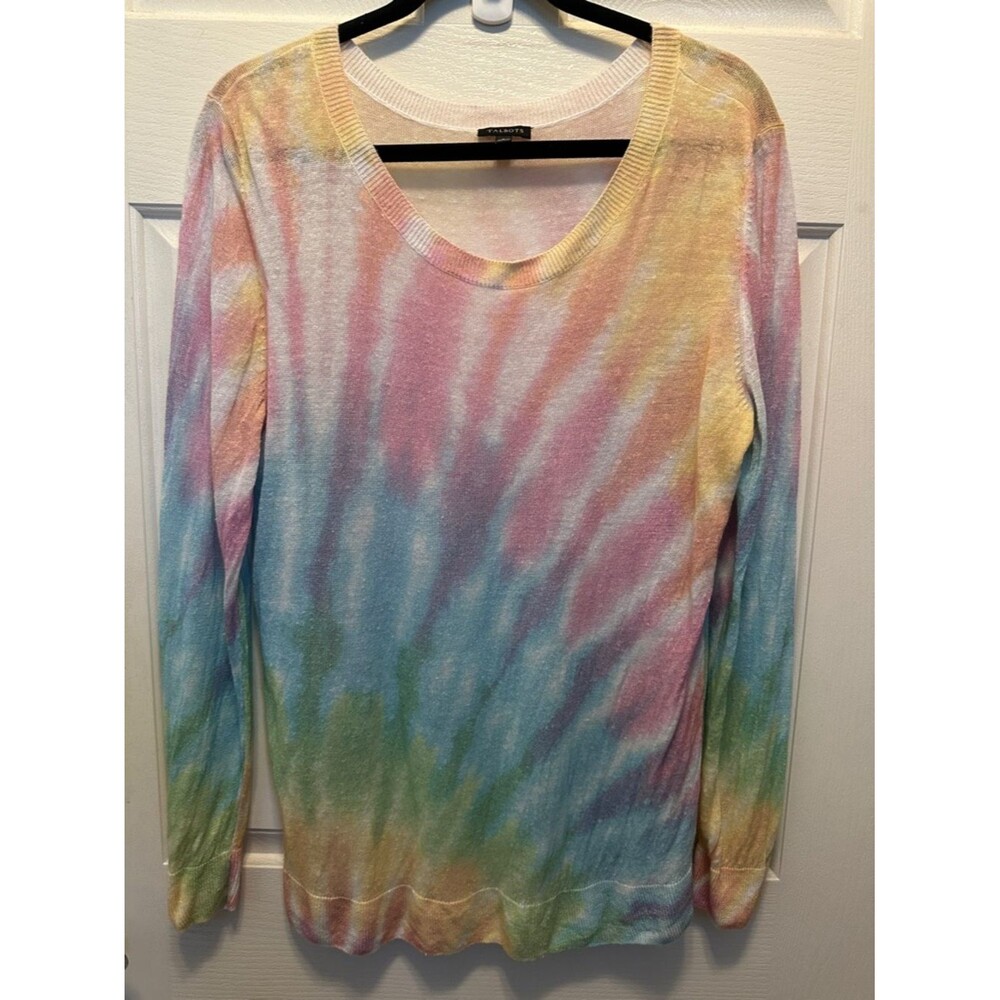 Talbots Pastel Tie-Dye Scoop Neck Lightweight Linen Blend Long Line Sweater Lrg